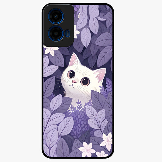 Lilac Hide Peek Cat Glass Case showing flat back view with cute peeking cat artwork and glossy glass finish.