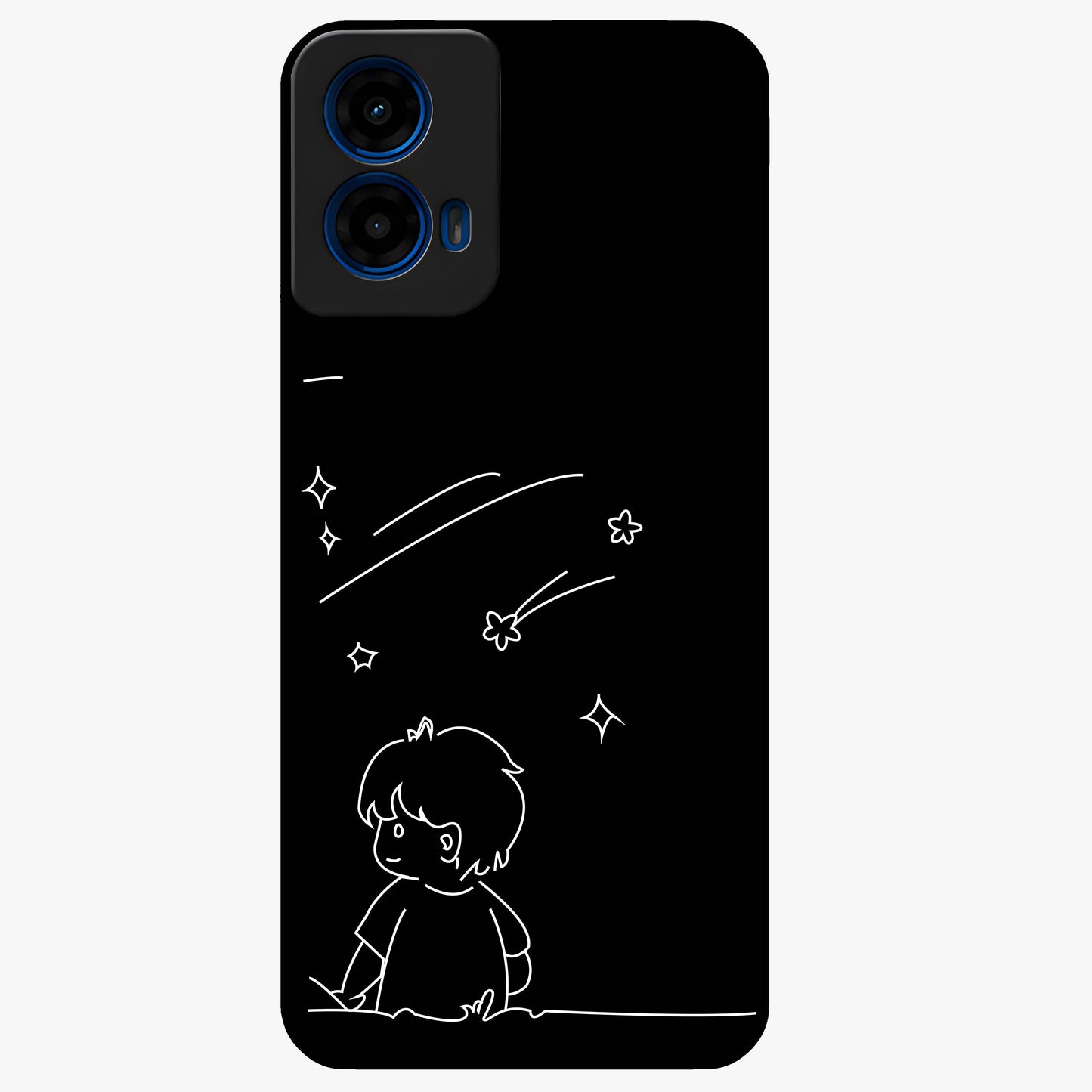 Line Art Boy With Shooting Stars Glass Case showing flat back view with minimal line art boy and shooting stars illustration and glossy glass finish.