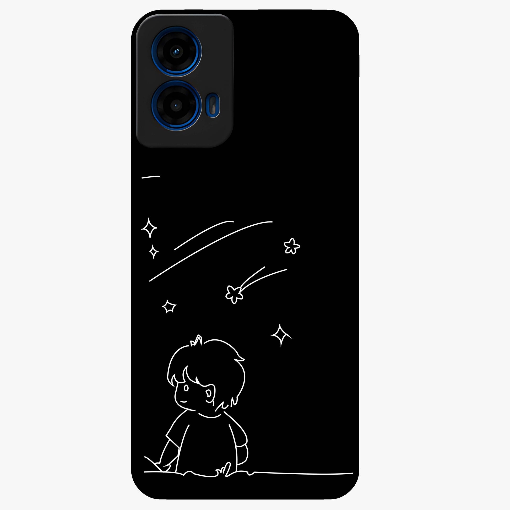 Line Art Boy With Shooting Stars Glass Case showing flat back view with minimal line art boy and shooting stars illustration and glossy glass finish.