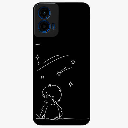 Line Art Boy With Shooting Stars Glass Case showing flat back view with minimal line art boy and shooting stars illustration and glossy glass finish.