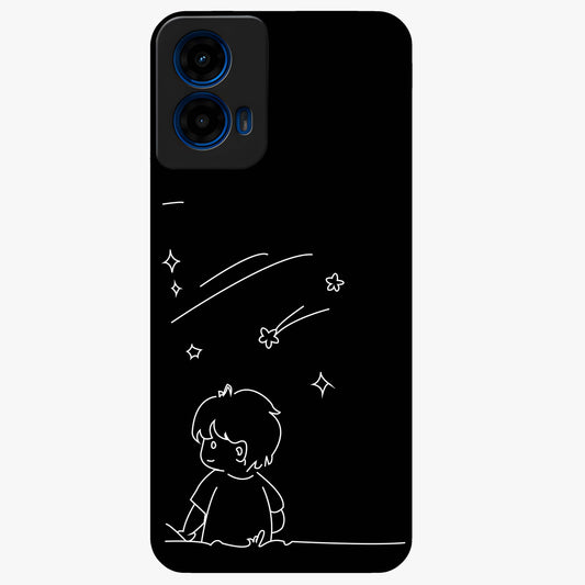 Line Art Boy With Shooting Stars Glass Case showing flat back view with minimal line art boy and shooting stars illustration and glossy glass finish.