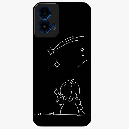 Line Art Girl With Shooting Stars Glass Case showing flat back view with minimal line art girl and shooting stars illustration and glossy glass finish.