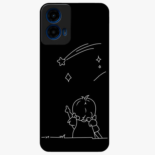 Line Art Girl With Shooting Stars Glass Case showing flat back view with minimal line art girl and shooting stars illustration and glossy glass finish.