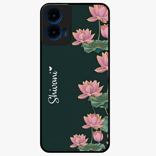 Lotus Bloom Serenity Custom Name Glass Case showing flat back view with elegant lotus flower artwork and personalized name design.