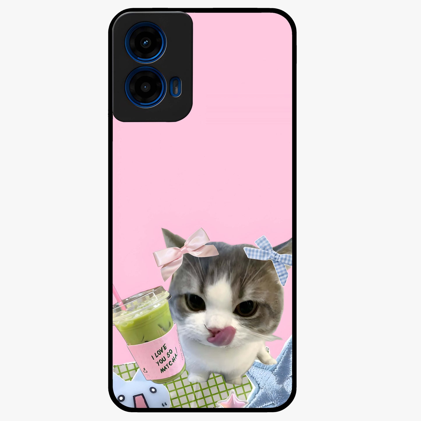 Love Matcha Cat Glass Case showing flat back view with cute cat and matcha themed artwork and glossy glass finish.