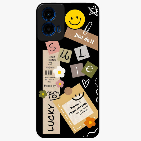 Lucky Aesthetic Collage Glass Case showing flat back view with trendy aesthetic collage artwork and glossy glass finish.