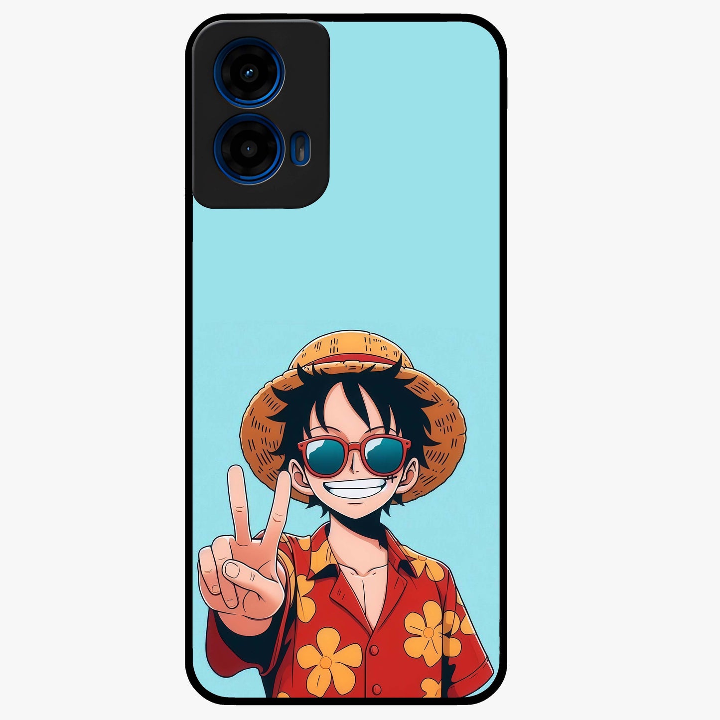Luffy Summer Anime Vibe Glass Case showing flat back view with vibrant anime character artwork and glossy glass finish.