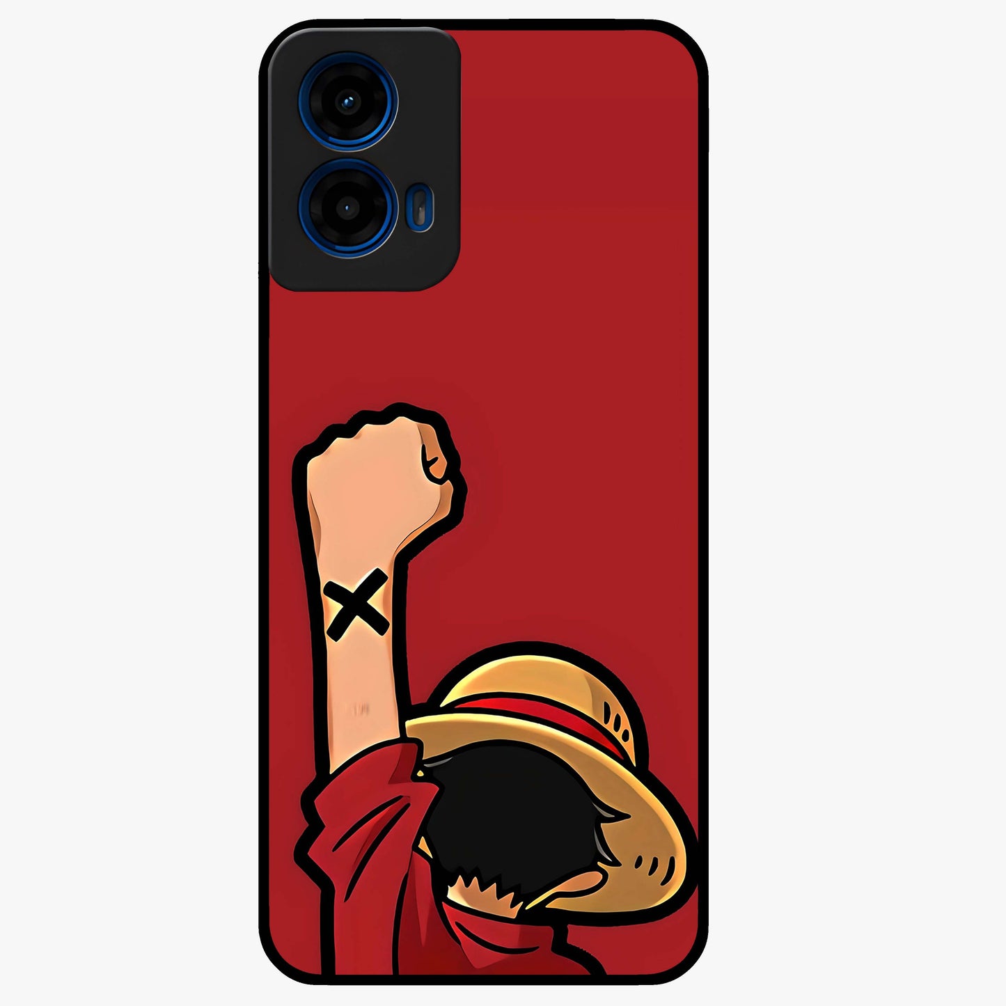 Luffy X Spirit Glass Case showing flat back view with bold anime character artwork and glossy glass finish.