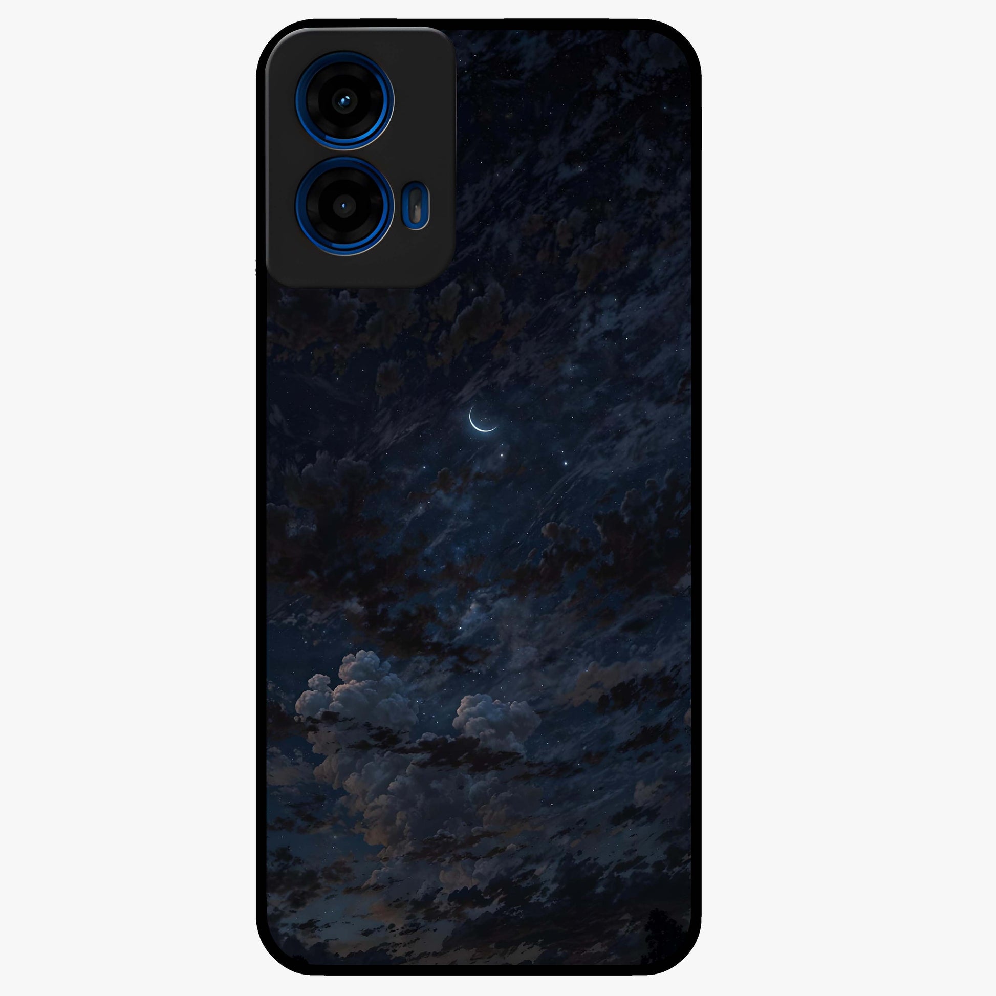 Lunar Veil Silence Glass Case showing flat back view with mystical moon veil artwork and glossy glass finish.