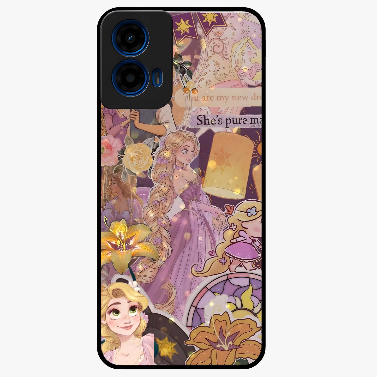 Magical Tangled Dream Glass Case showing flat back view with dreamy tangled artwork and glossy glass finish.