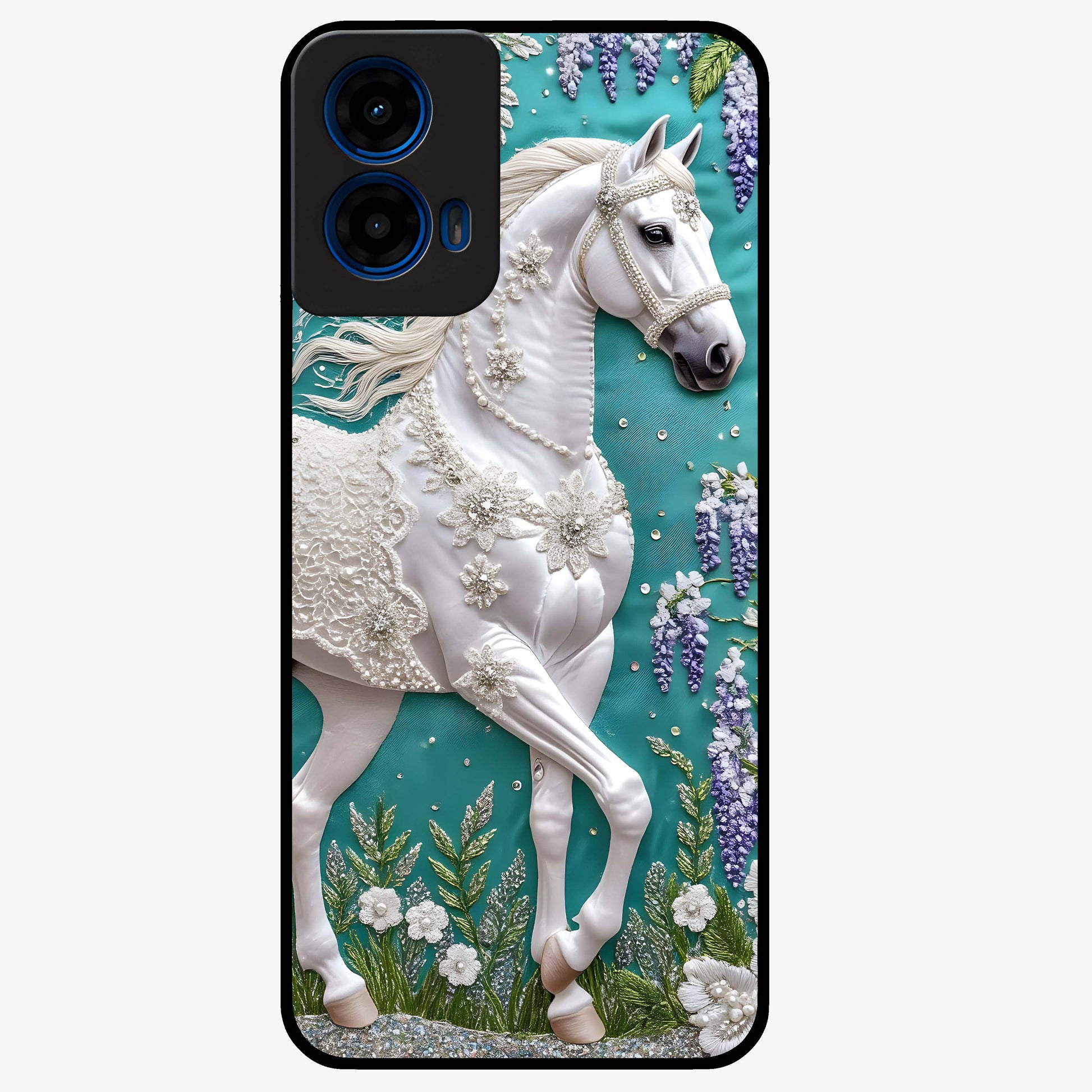 Majestic Floral Stallion Glass Case showing flat back view with powerful horse and floral artwork and glossy glass finish.