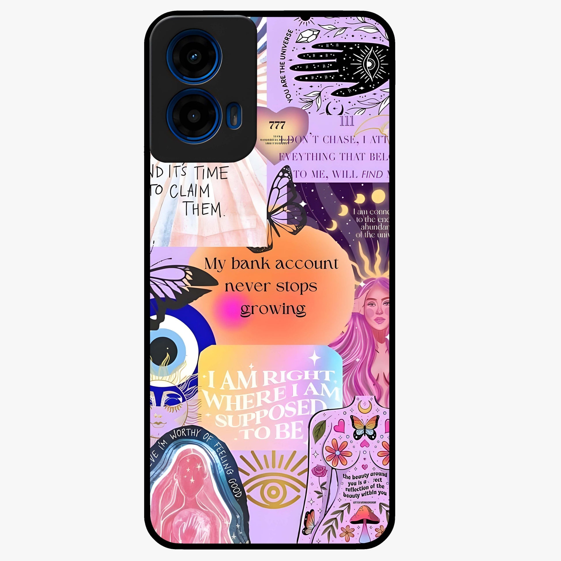 Manifestation Collage Glass Case showing flat back view with motivational collage artwork and glossy glass finish.