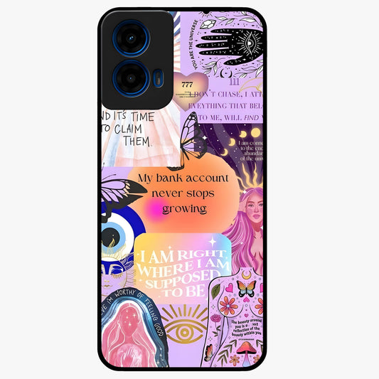 Manifestation Collage Glass Case showing flat back view with motivational collage artwork and glossy glass finish.