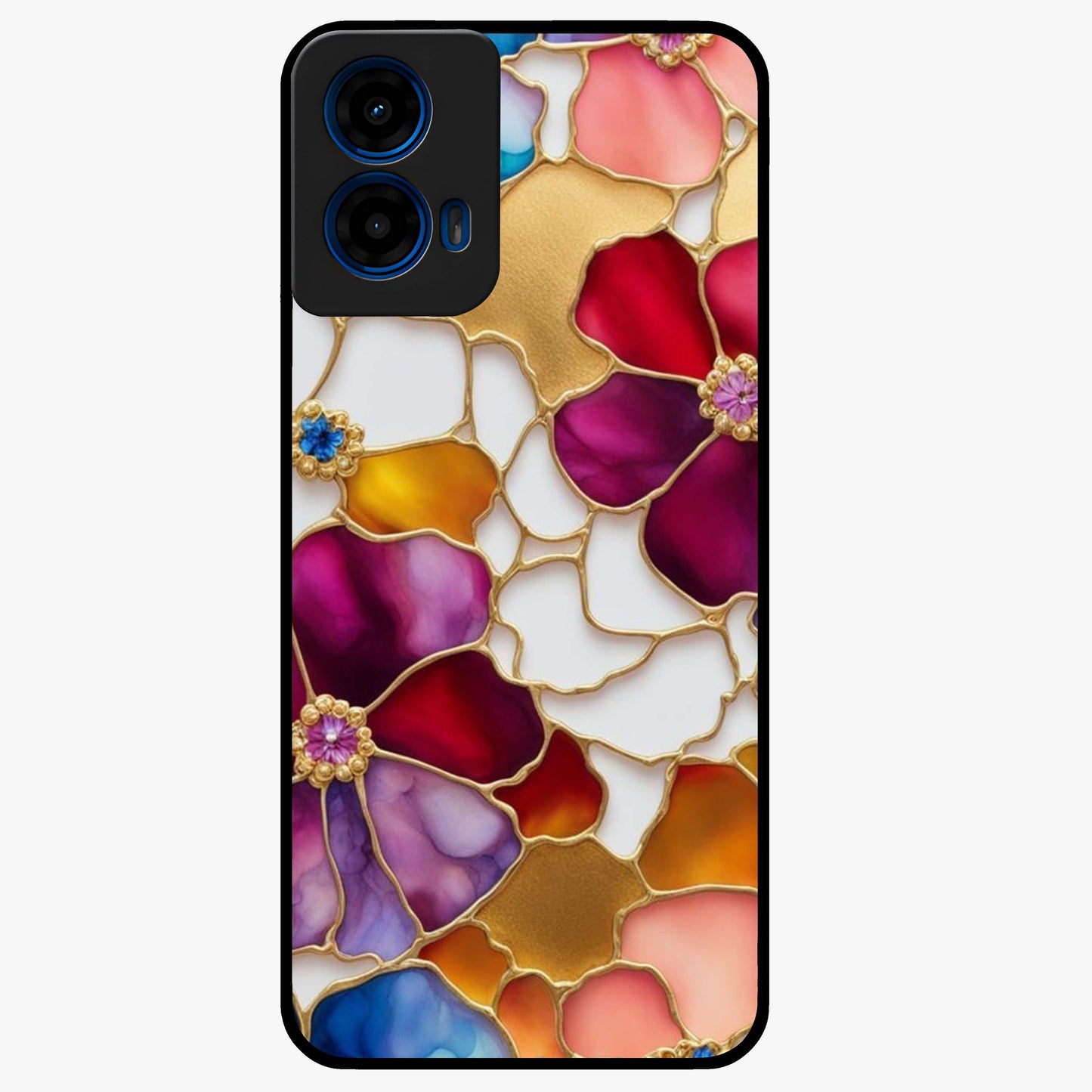 Marble Flower Pattern Glass Case showing flat back view with marble texture floral artwork and glossy glass finish.