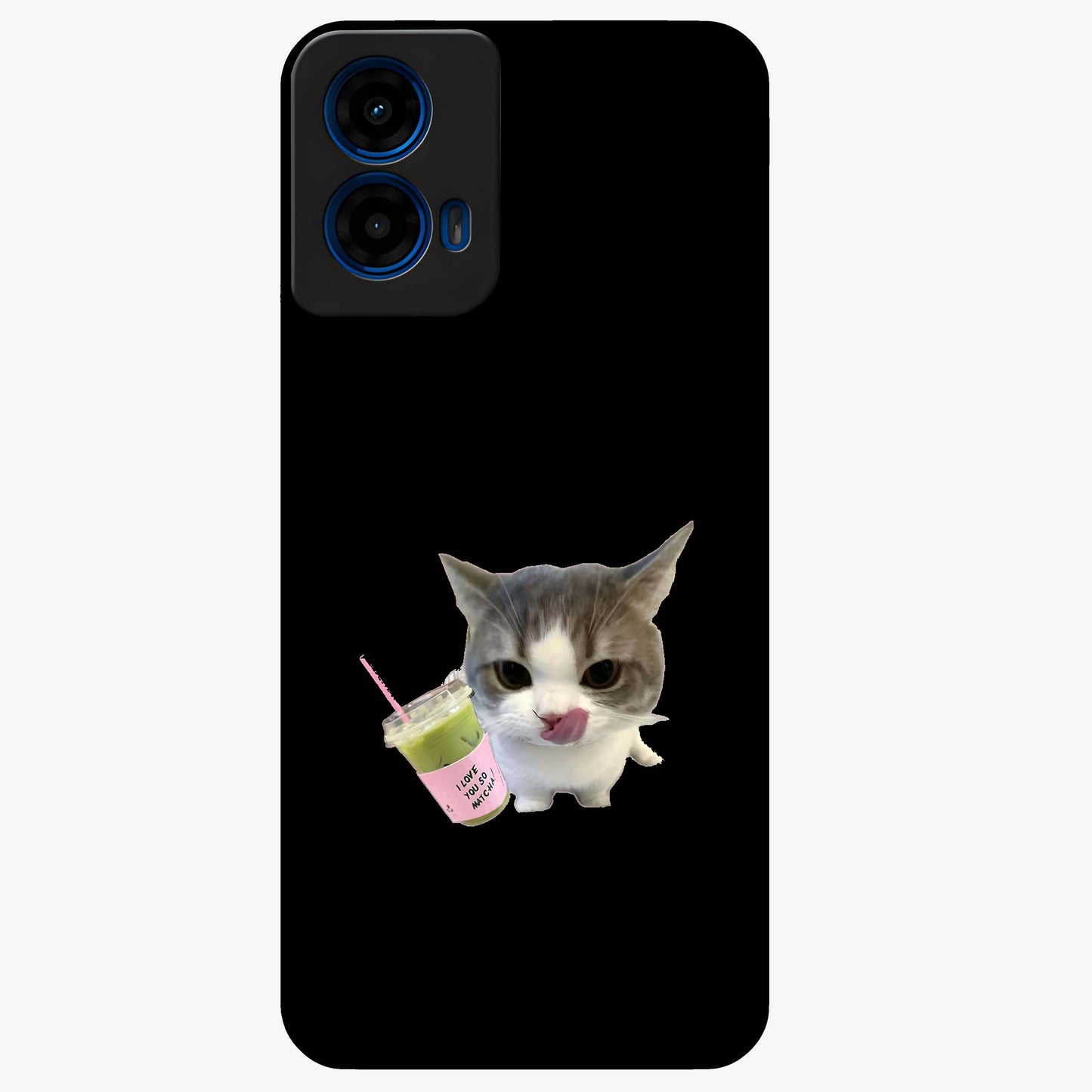 Matcha Cat Style Glass Case showing flat back view with cute matcha themed cat artwork and glossy glass finish.