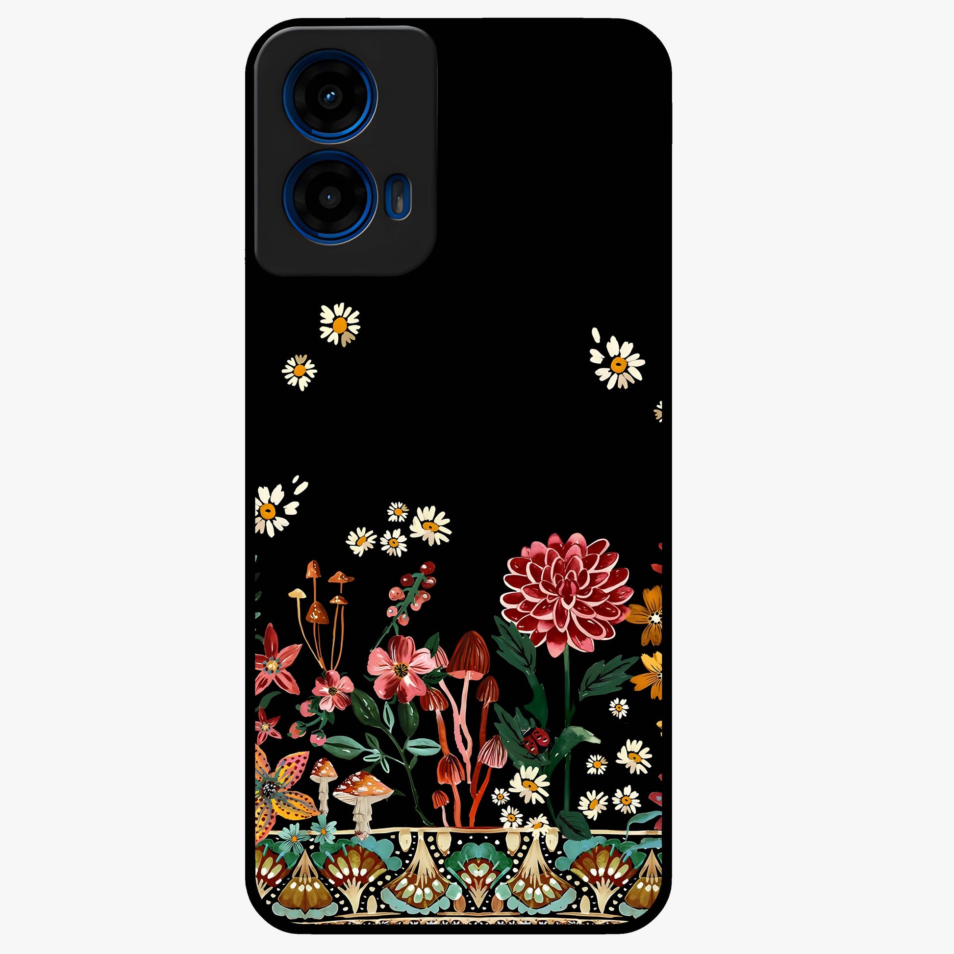 Midnight Bloom Pattern Glass Case showing flat back view with dark floral pattern artwork and glossy glass finish.