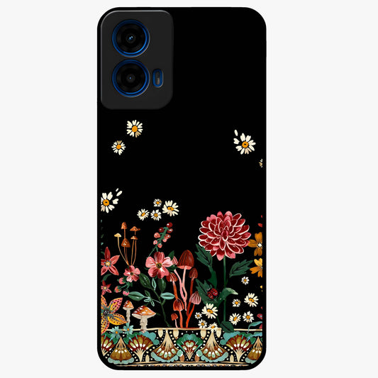 Midnight Bloom Pattern Glass Case showing flat back view with dark floral pattern artwork and glossy glass finish.