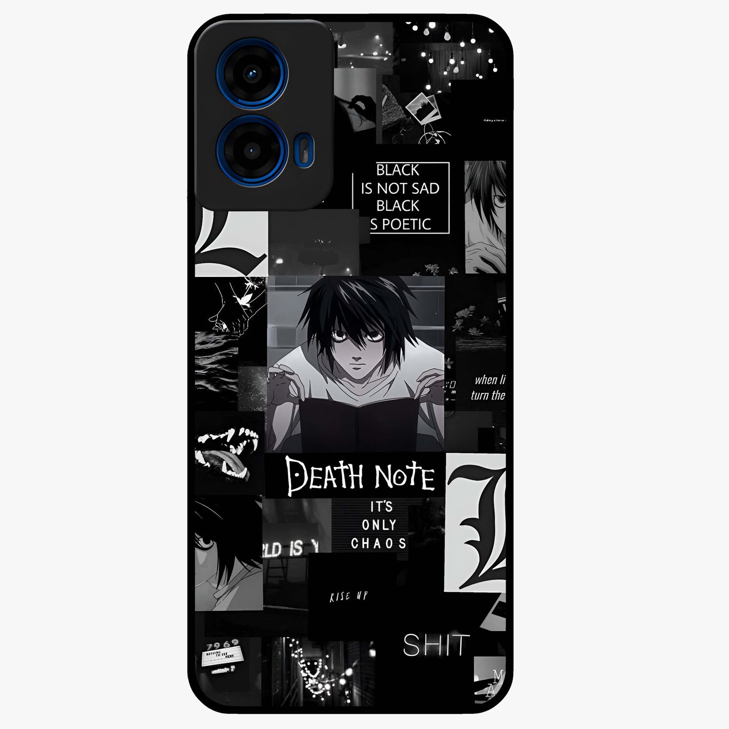 Midnight Chaos Mind Glass Case showing flat back view with abstract dark themed artwork and glossy glass finish.