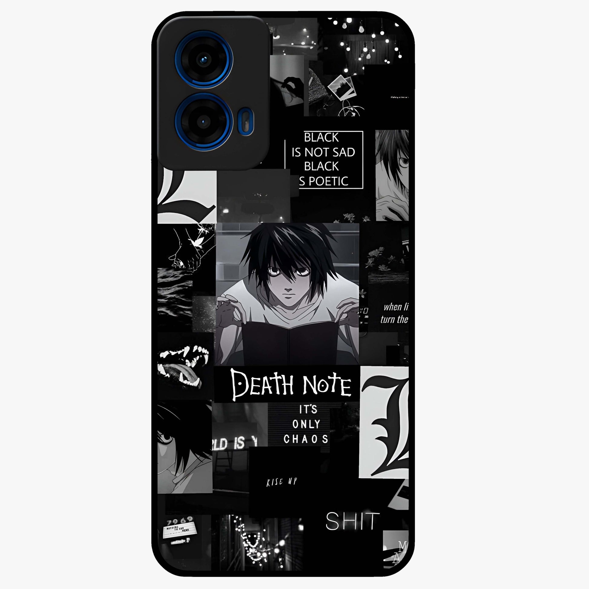 Midnight Chaos Mind Glass Case showing flat back view with abstract dark themed artwork and glossy glass finish.