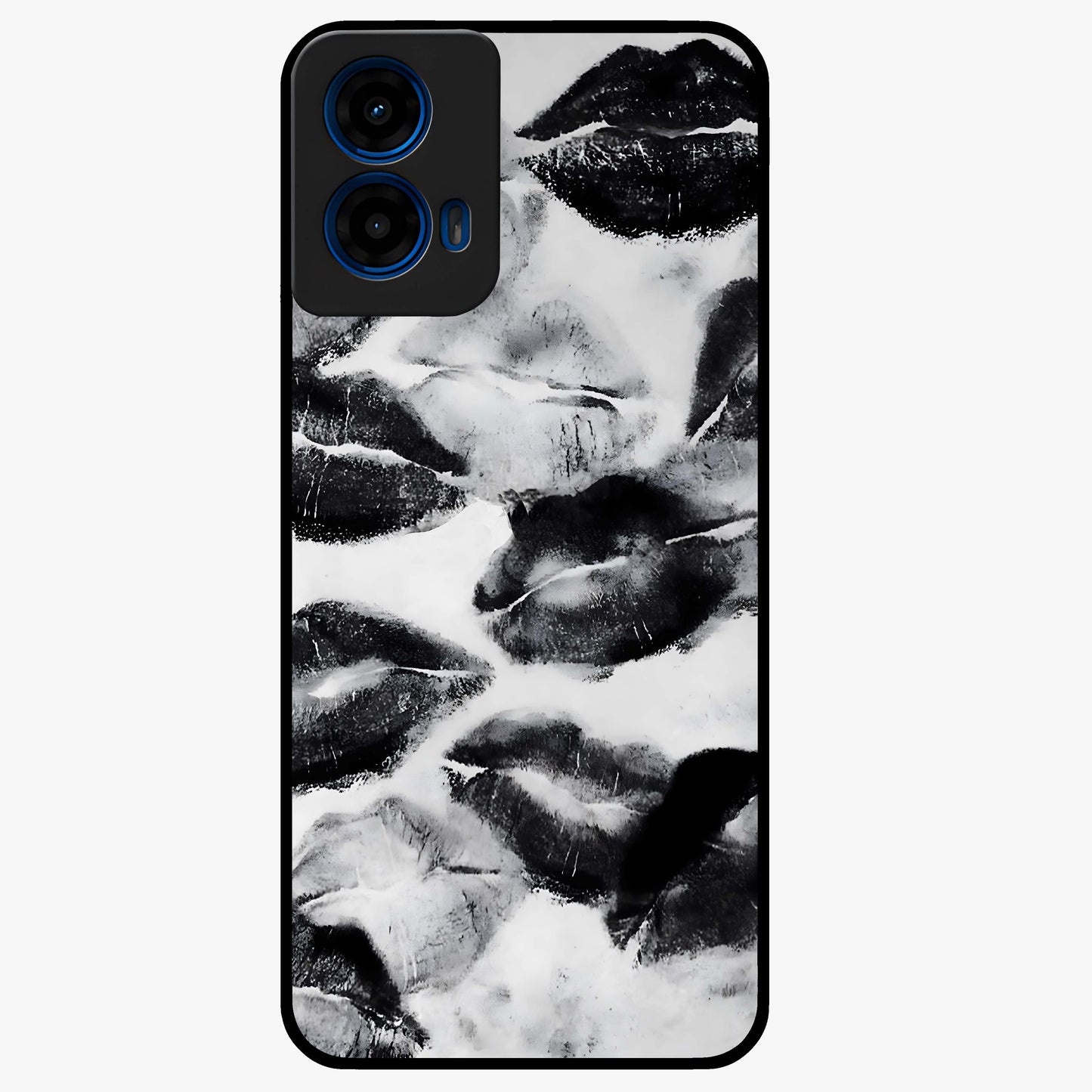 Midnight Kiss Marks Glass Case showing flat back view with lipstick kiss mark artwork and glossy glass finish.