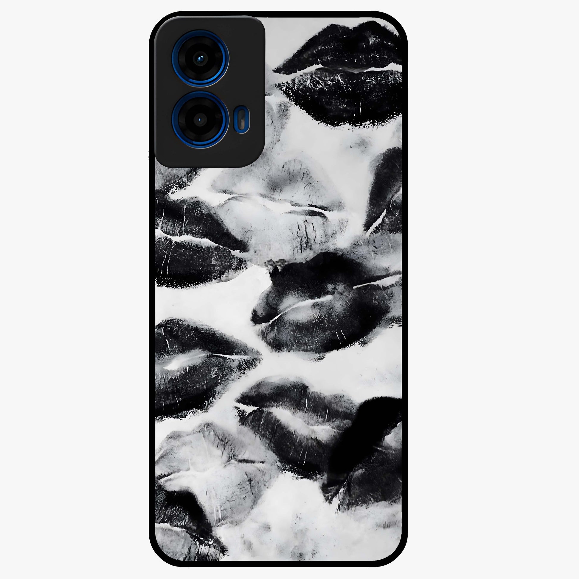 Midnight Kiss Marks Glass Case showing flat back view with lipstick kiss mark artwork and glossy glass finish.