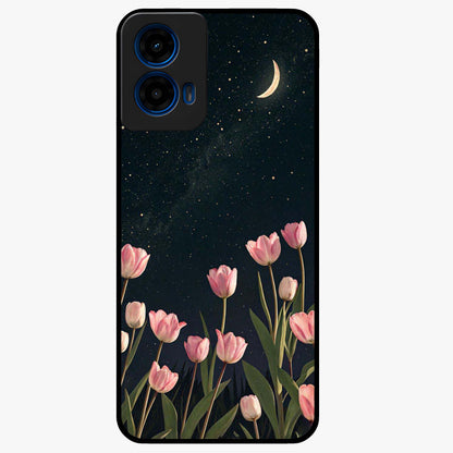 Midnight Tulip Whispers Vibe Glass Case showing flat back view with elegant tulip flower artwork and glossy glass finish.