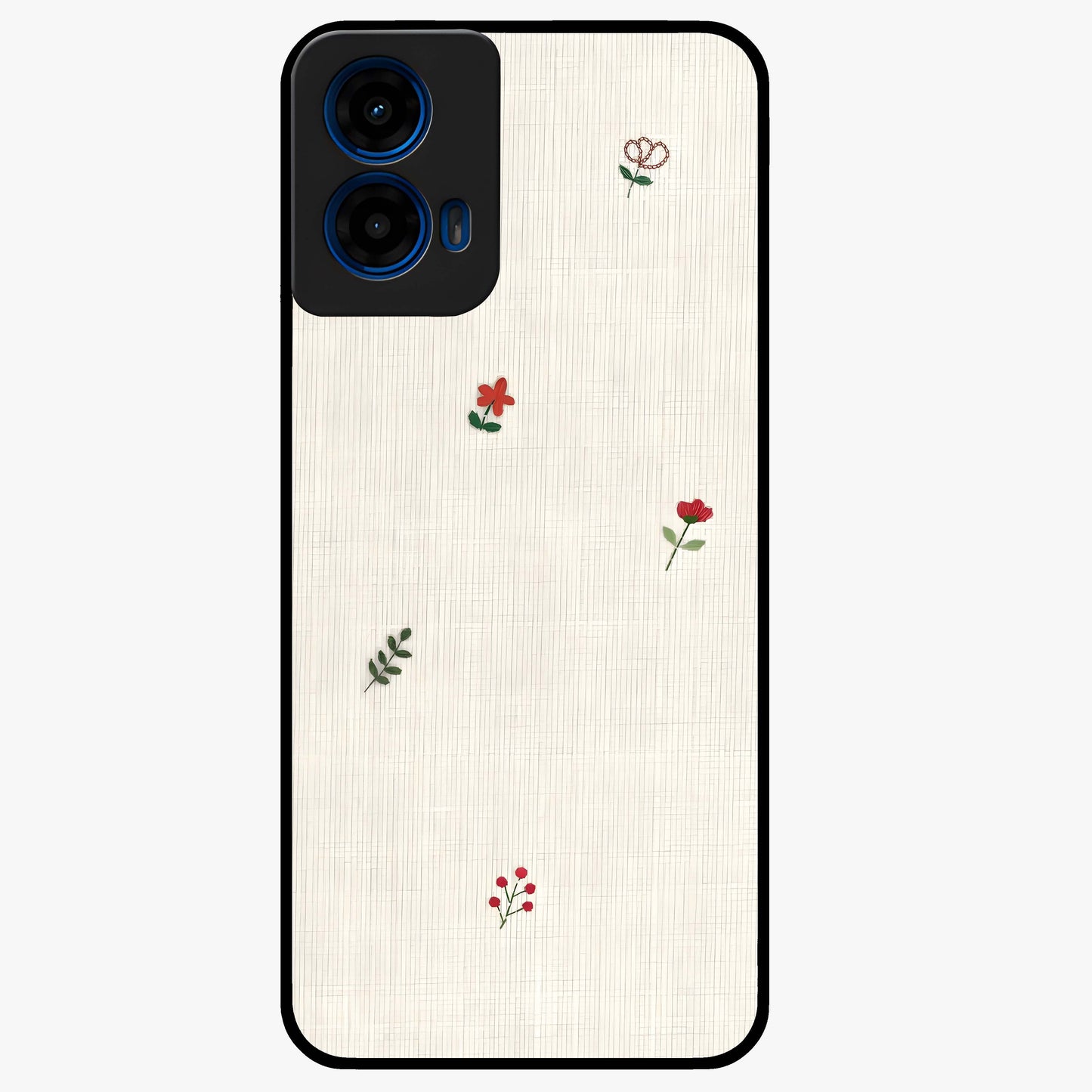 Minimal Petal Whispers Glass Case showing flat back view with soft minimal floral artwork and glossy glass finish.