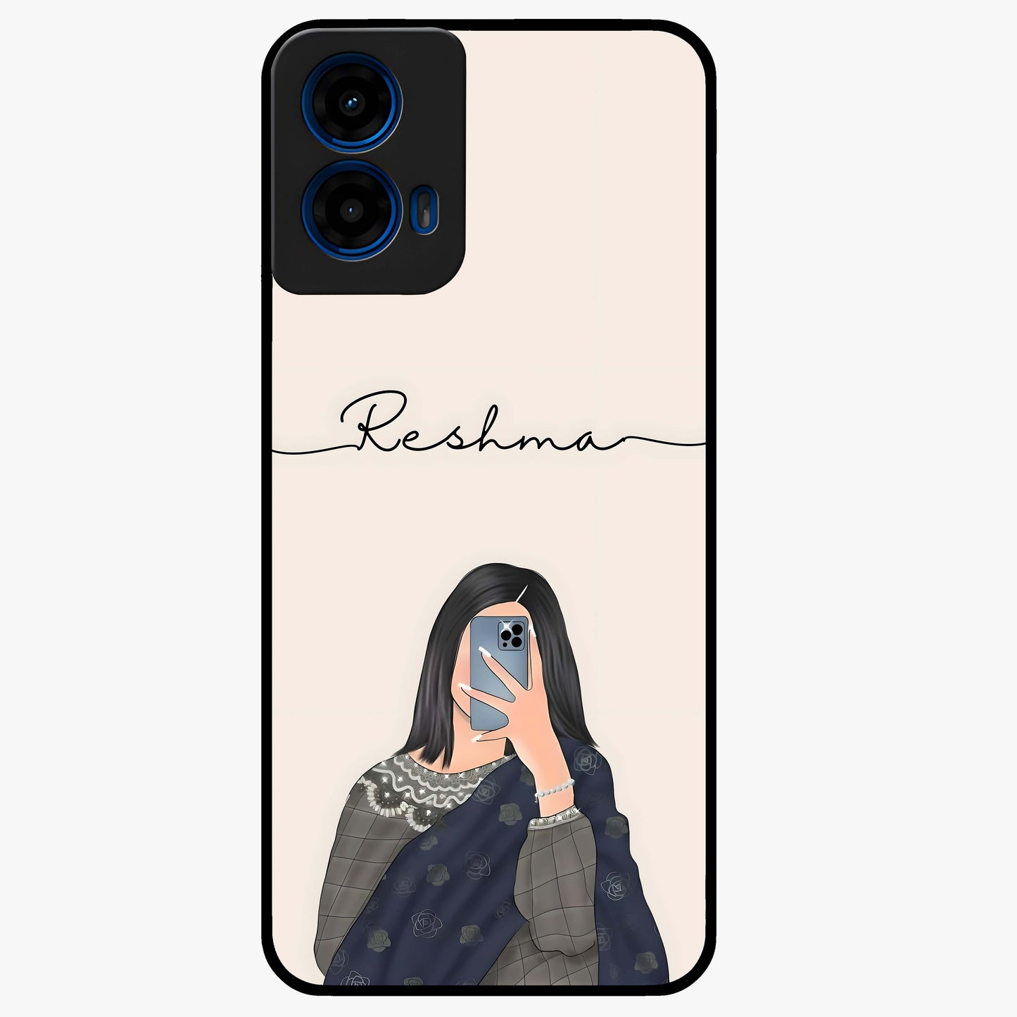 Mirror Mood Muse With Custom Name Glass Case showing flat back view with stylish mirrored artwork and personalized name design.