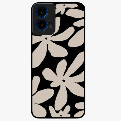 Monochrome Petal Dance Glass Case showing flat back view with monochrome floral artwork and glossy glass finish.