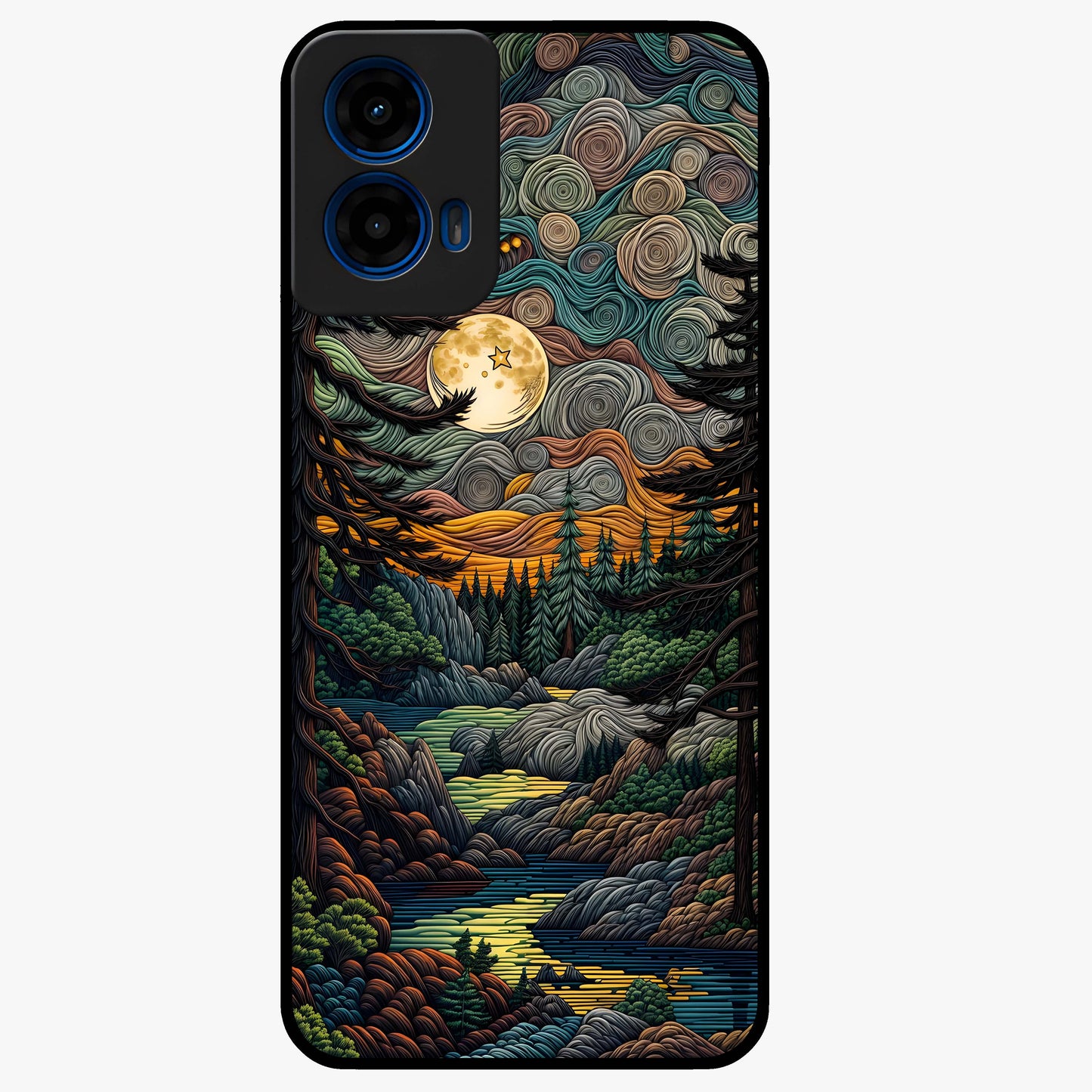 Moonlight Forest Dream Glass Case showing flat back view with mystical forest moonlight artwork and glossy glass finish.