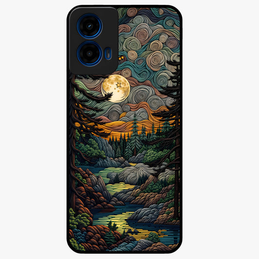 Moonlight Forest Dream Glass Case showing flat back view with mystical forest moonlight artwork and glossy glass finish.