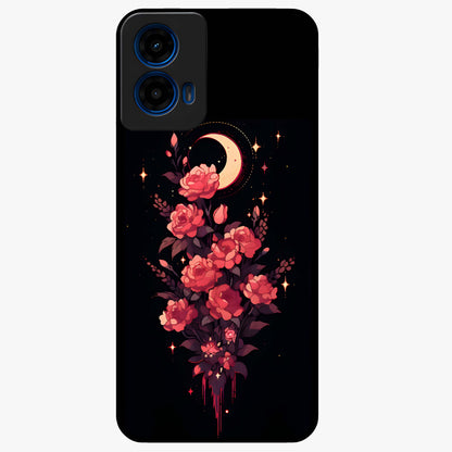 Moonlit Floral Elegance Glass Case showing flat back view with elegant floral artwork under moonlit tones and glossy glass finish.