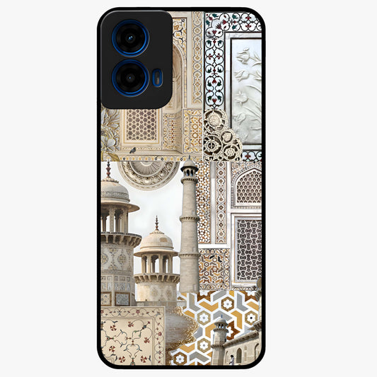 Mughal Marble Legacy Glass Case showing flat back view with intricate Mughal inspired marble pattern and glossy glass finish.
