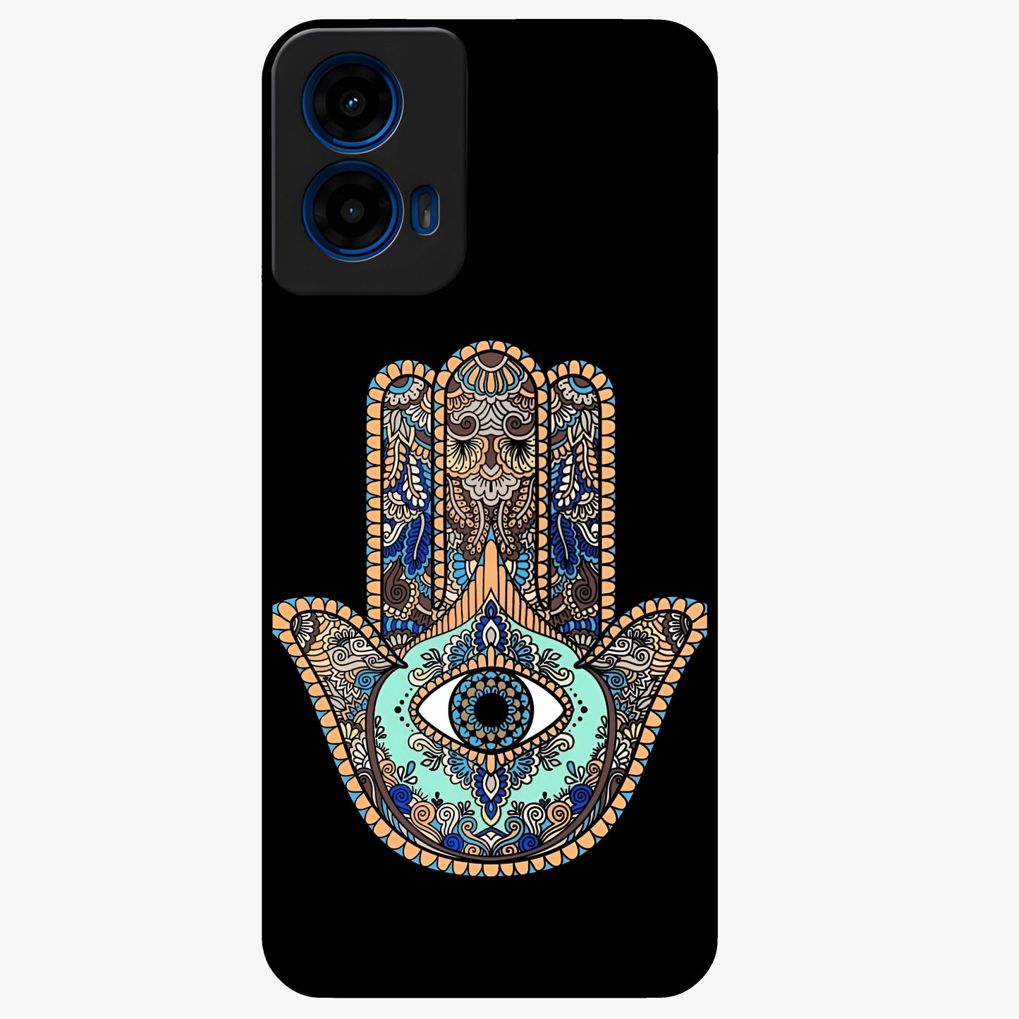 Mystic Hamsa Eye Glass Case showing flat back view with protective hamsa hand and evil eye artwork and glossy glass finish.