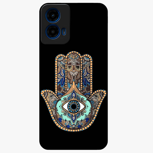 Mystic Hamsa Eye Glass Case showing flat back view with protective hamsa hand and evil eye artwork and glossy glass finish.