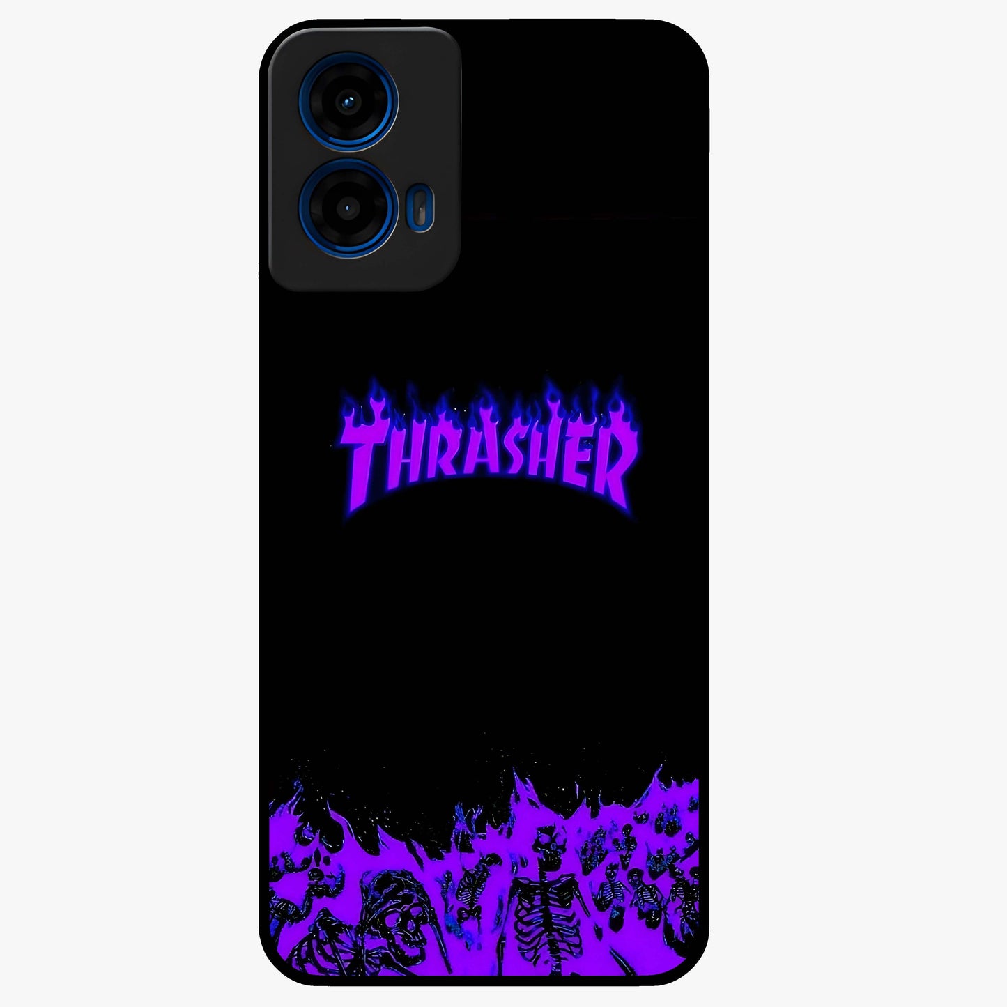 Neon Flame Riot Glass Case showing flat back view with neon flame artwork and glossy glass finish.