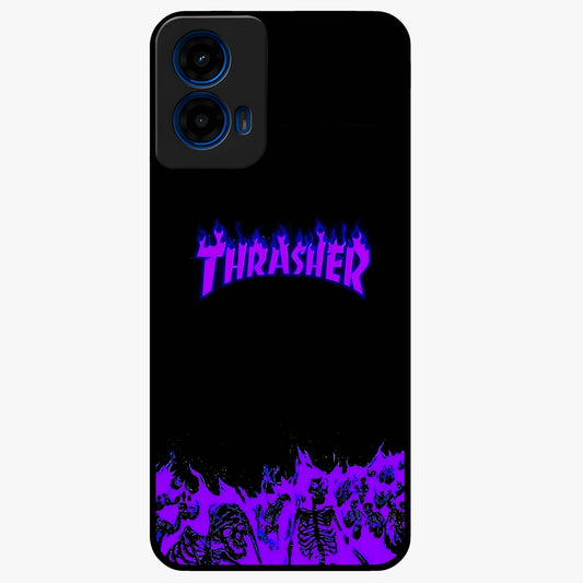 Neon Flame Riot Glass Case showing flat back view with neon flame artwork and glossy glass finish.