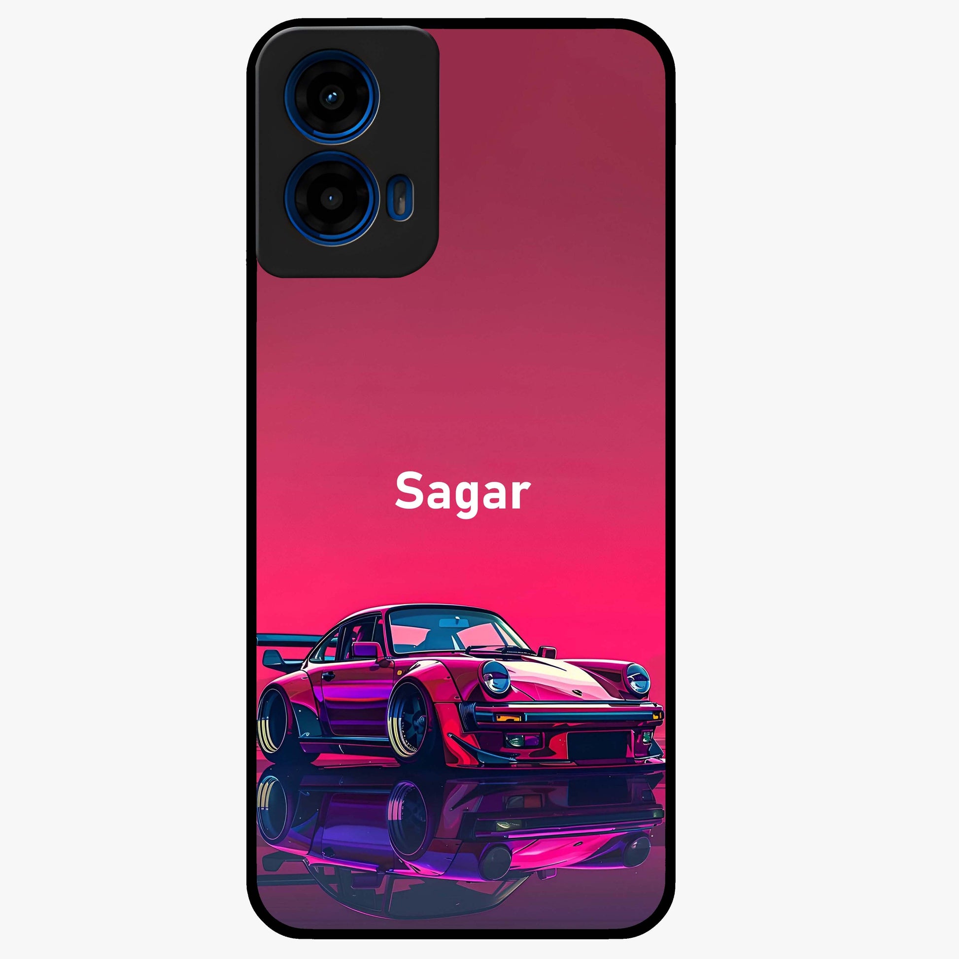 Neon Pink Porsche Glass Case showing flat back view with stylish sports car artwork and glossy glass finish.