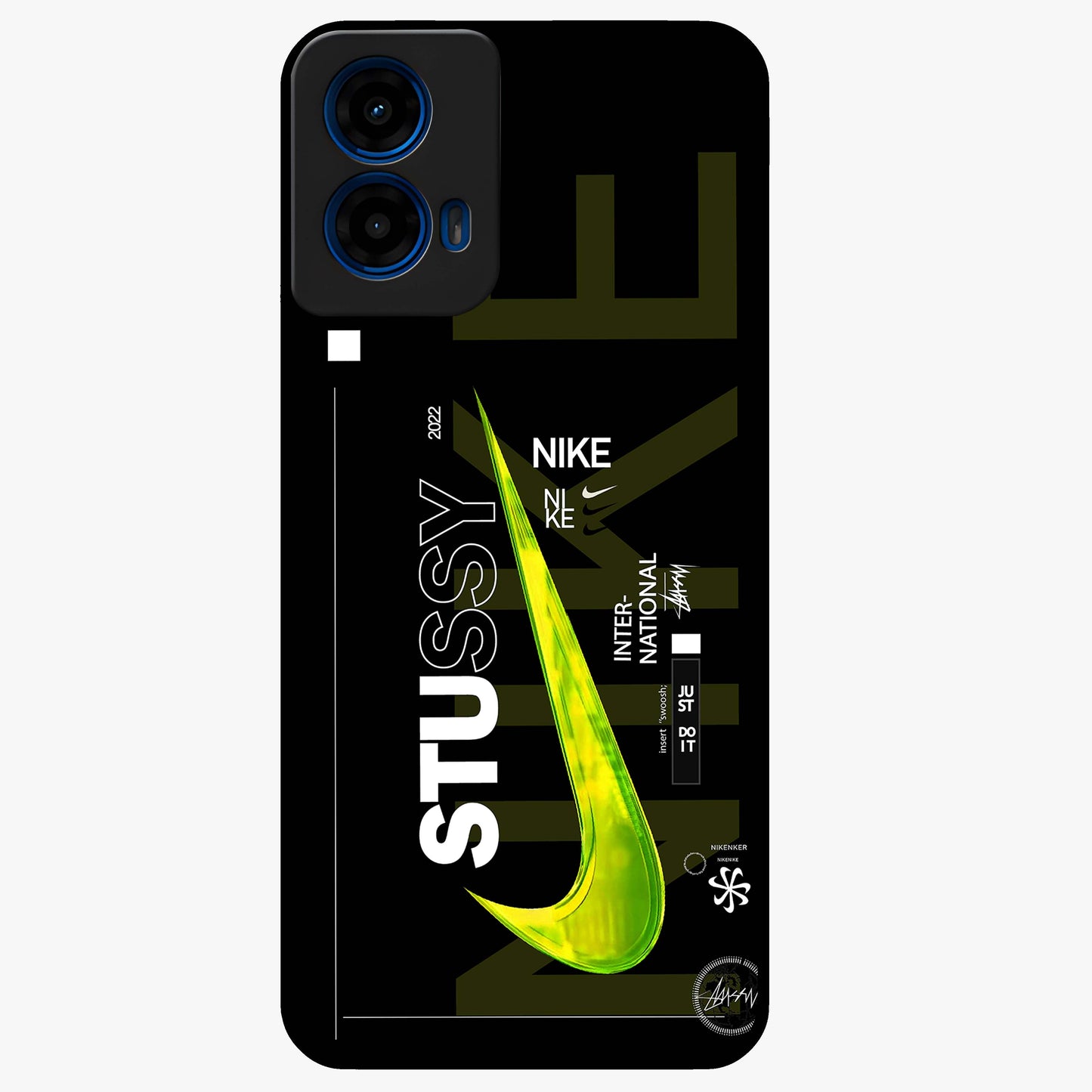 Neon Street Edition Glass Case showing flat back view with neon street style artwork and glossy glass finish.
