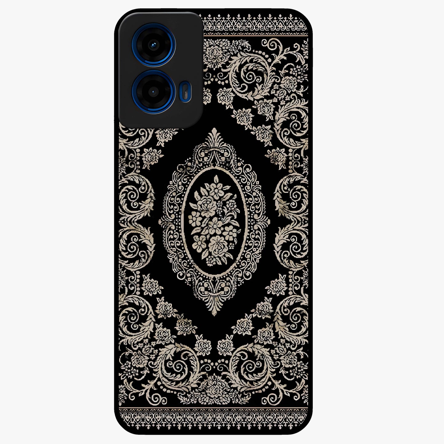 Noir Bloom Elegance Glass Case showing flat back view with elegant dark floral artwork and glossy glass finish.
