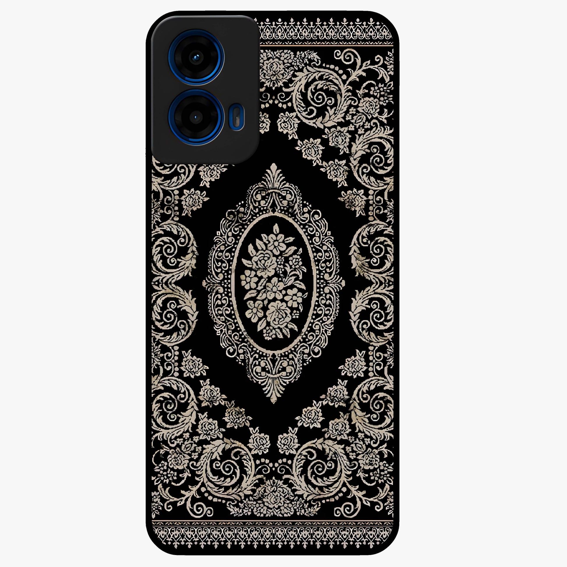Noir Bloom Elegance Glass Case showing flat back view with elegant dark floral artwork and glossy glass finish.