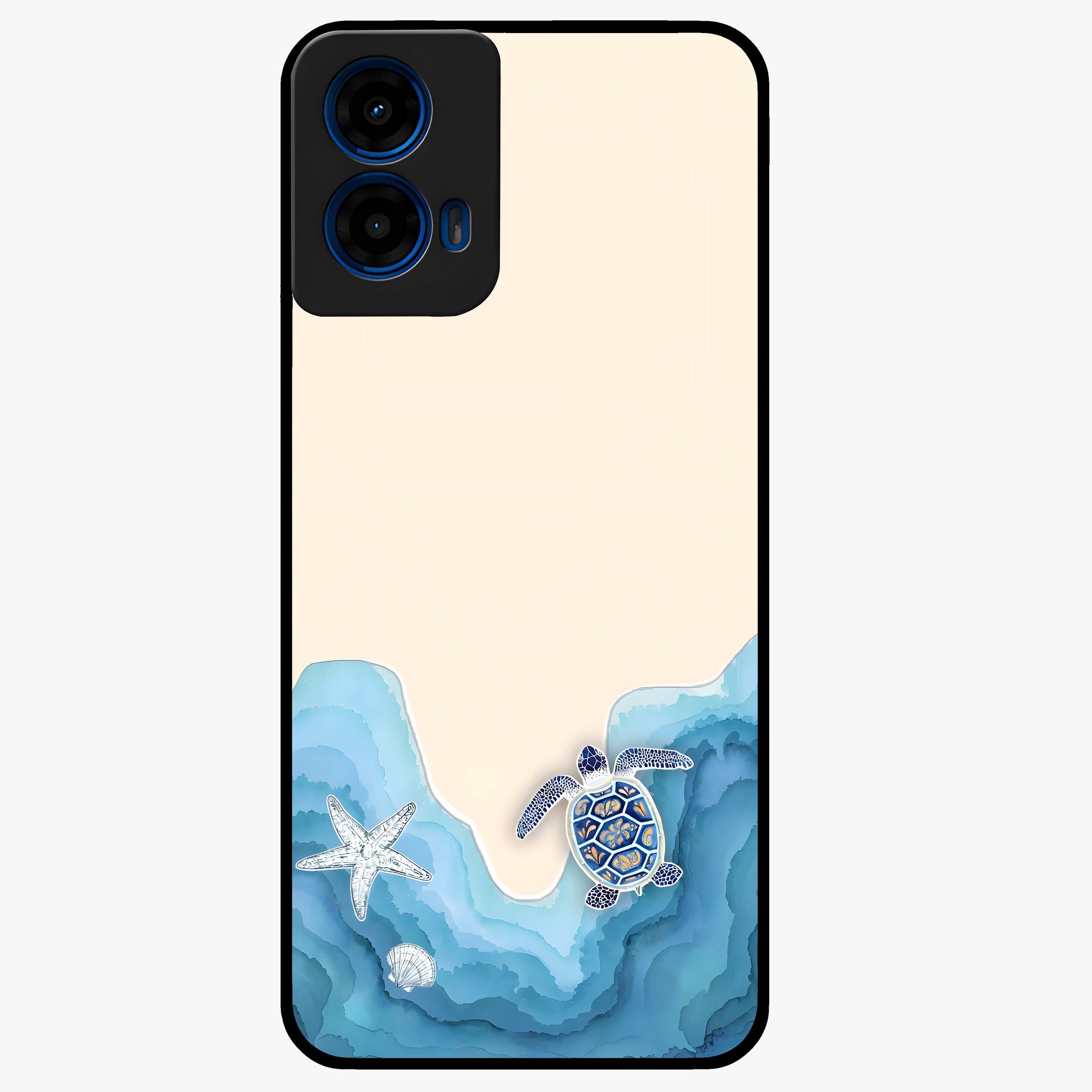 Ocean Drift Turtle Glass Case showing flat back view with sea turtle artwork and glossy glass finish.