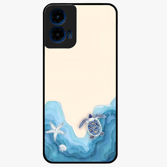 Ocean Drift Turtle Glass Case showing flat back view with sea turtle artwork and glossy glass finish.