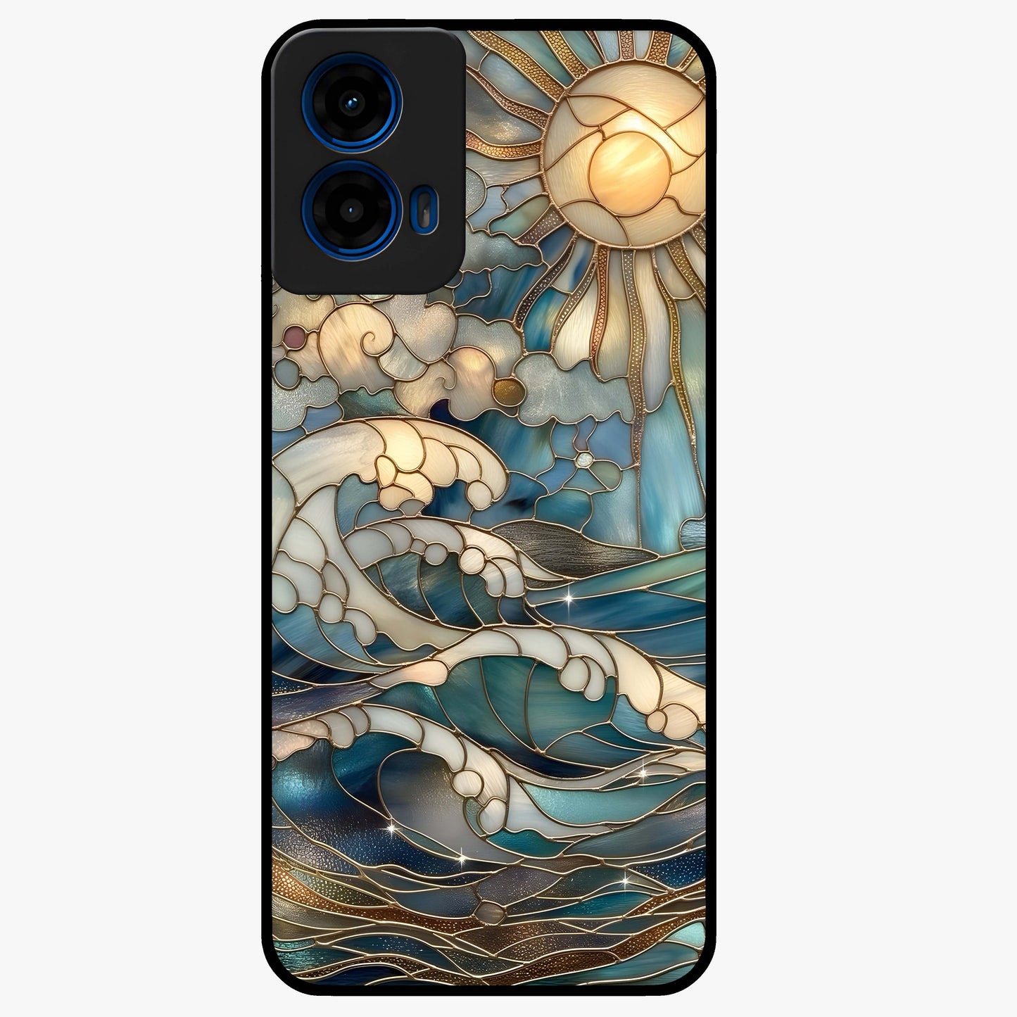 Oceanic Stained Printed Glass Case showing flat back view with ocean inspired stained pattern artwork and glossy glass finish.