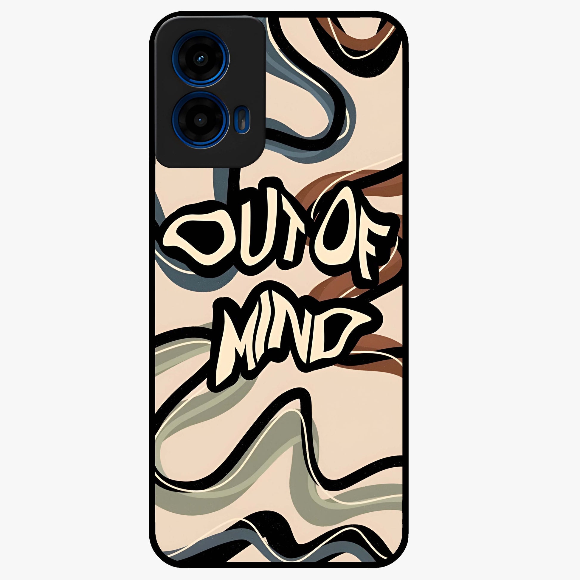 Out Of Mind Glass Case showing flat back view with expressive typography artwork and glossy glass finish.