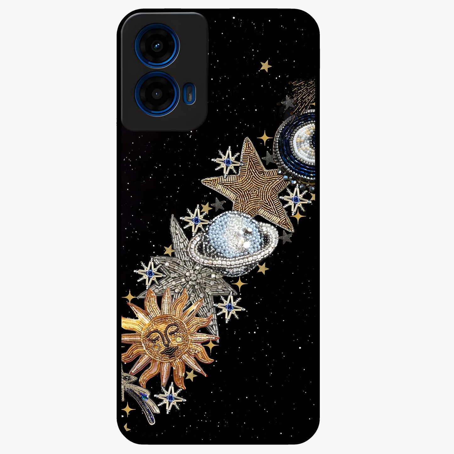 Pearls Universe Object Glass Case showing flat back view with pearl inspired cosmic artwork and glossy glass finish.
