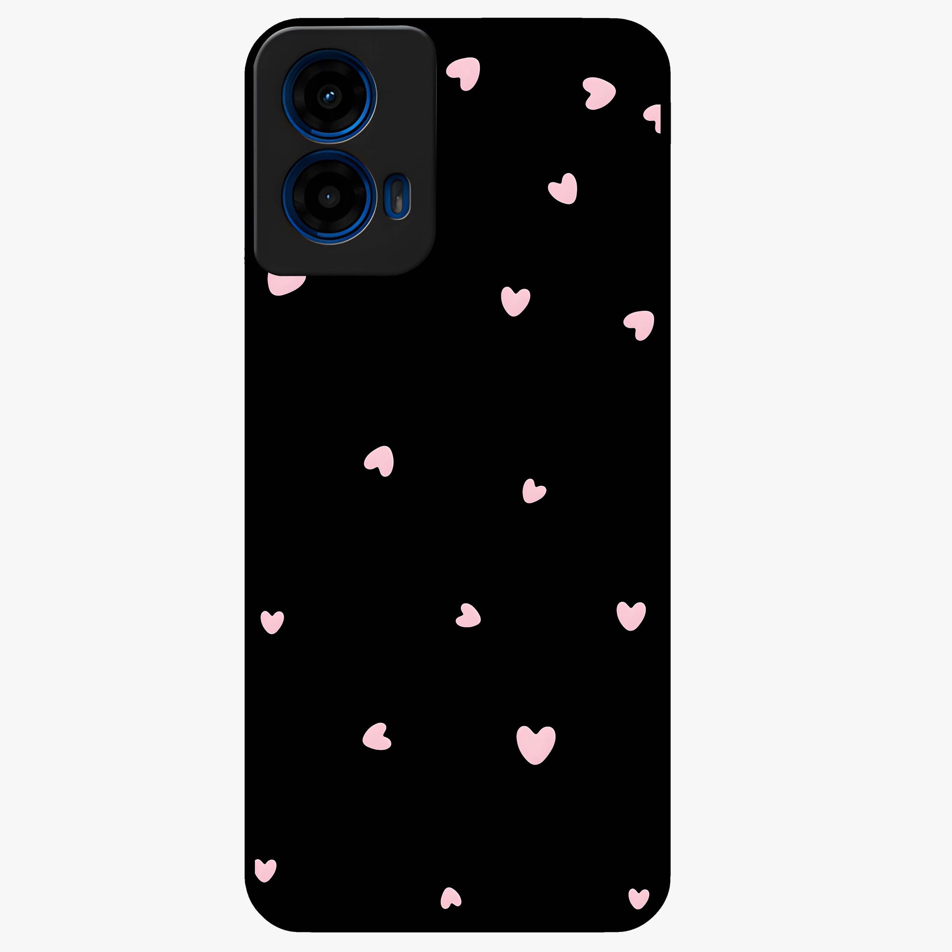 Pink Love Drops Glass Case showing flat back view with playful pink heart drops artwork and glossy glass finish.