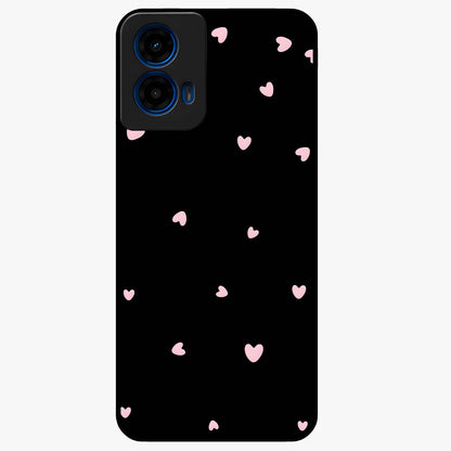 Pink Love Drops Glass Case showing flat back view with playful pink heart drops artwork and glossy glass finish.