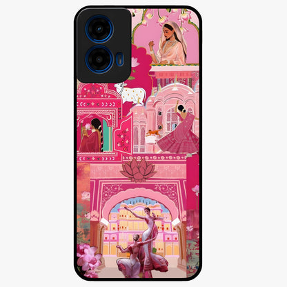 Pink Palace Muse Glass Case showing flat back view with elegant palace inspired artwork and glossy glass finish.