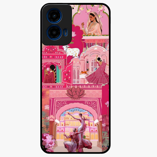 Pink Palace Muse Glass Case showing flat back view with elegant palace inspired artwork and glossy glass finish.